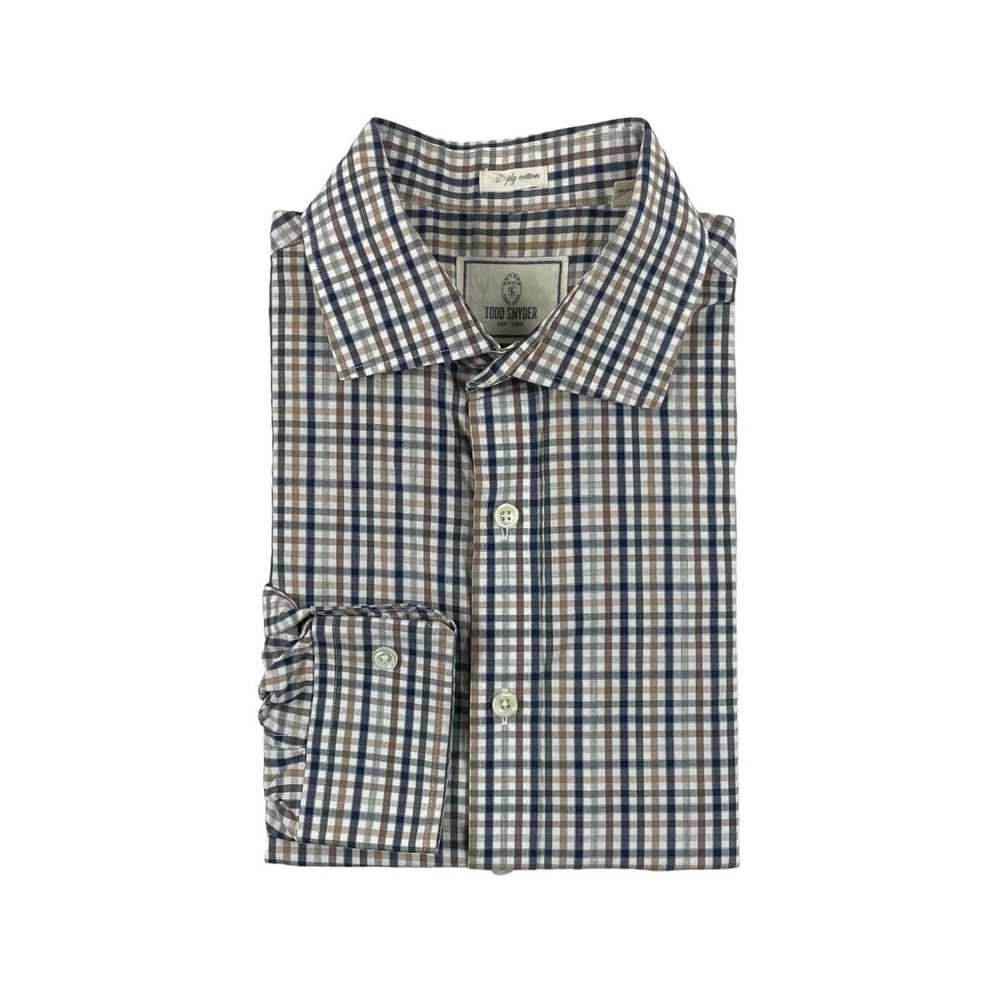 Todd Snyder White Blue Brown Checked 2 Ply Cotton Mens Button Front Shirt 16.5